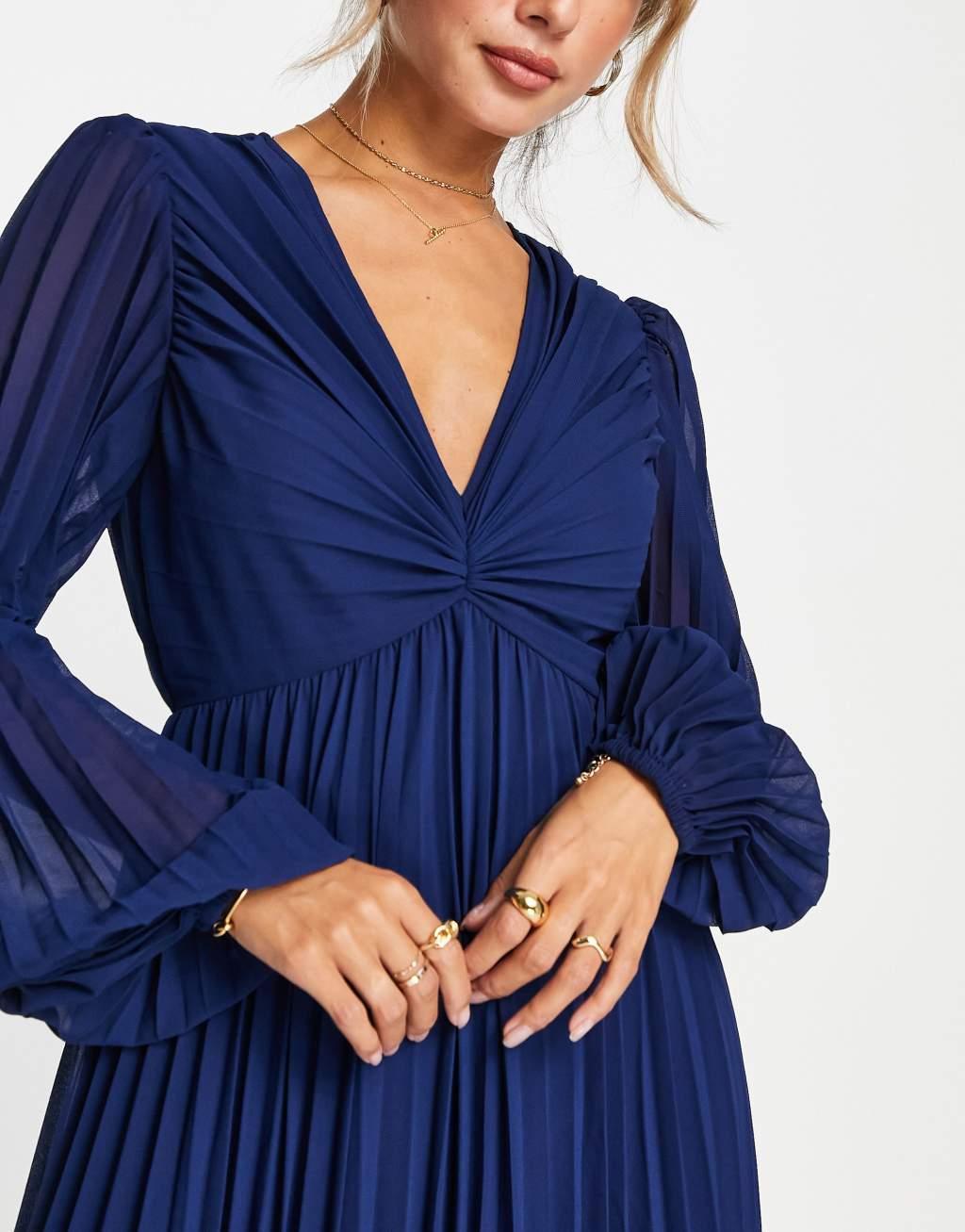 ASOS DESIGN pleated bodice plunge neck midi dress Product Image