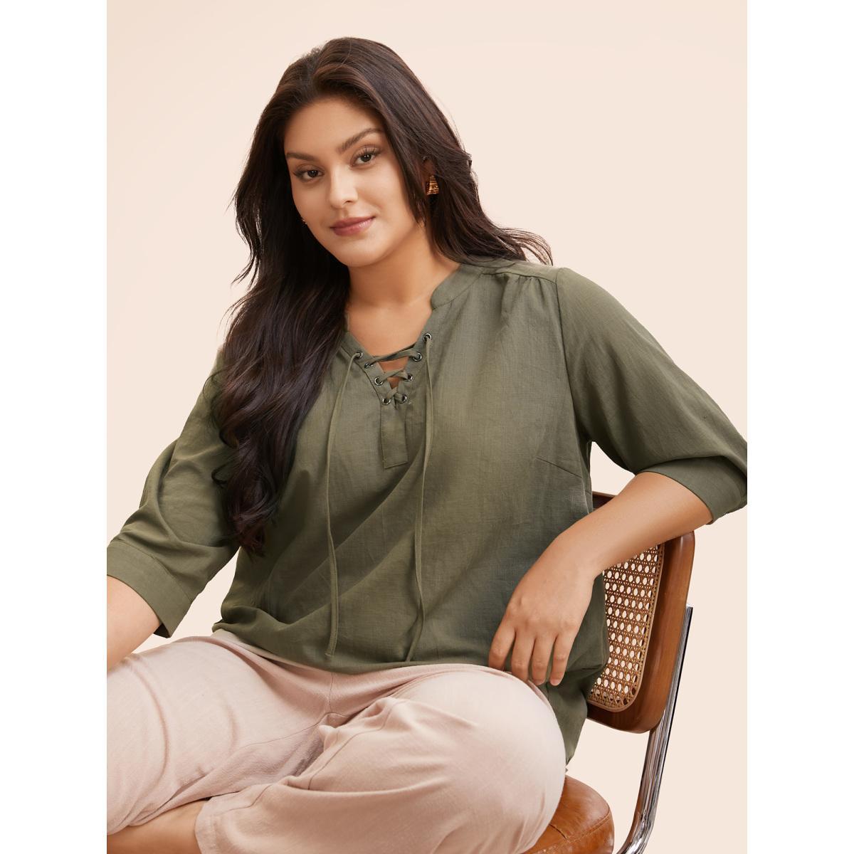Plus Size ArmyGreen Solid Cross Straps Pleated Blouse Women Elegant Long Sleeve V-neck Everyday Blouses BloomChic 14-16/1X Product Image
