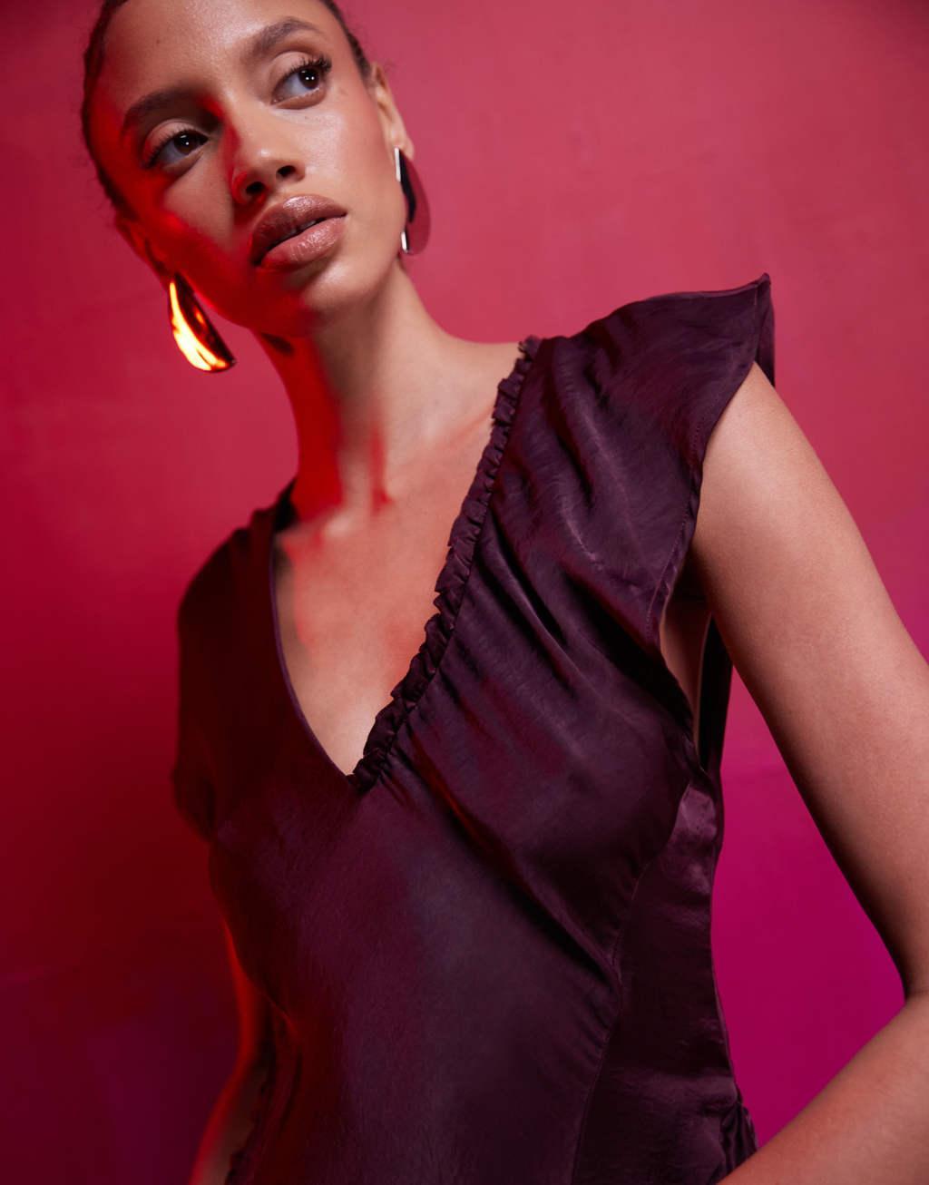 ASOS DESIGN asymmetric satin dress with ruffle detail in dark purple Product Image