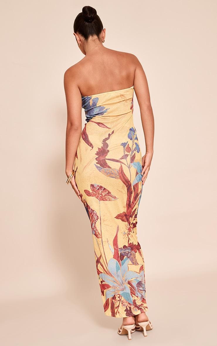 Yellow Floral Abstract Printed Onion Skin Bandeau Maxi Dress Product Image