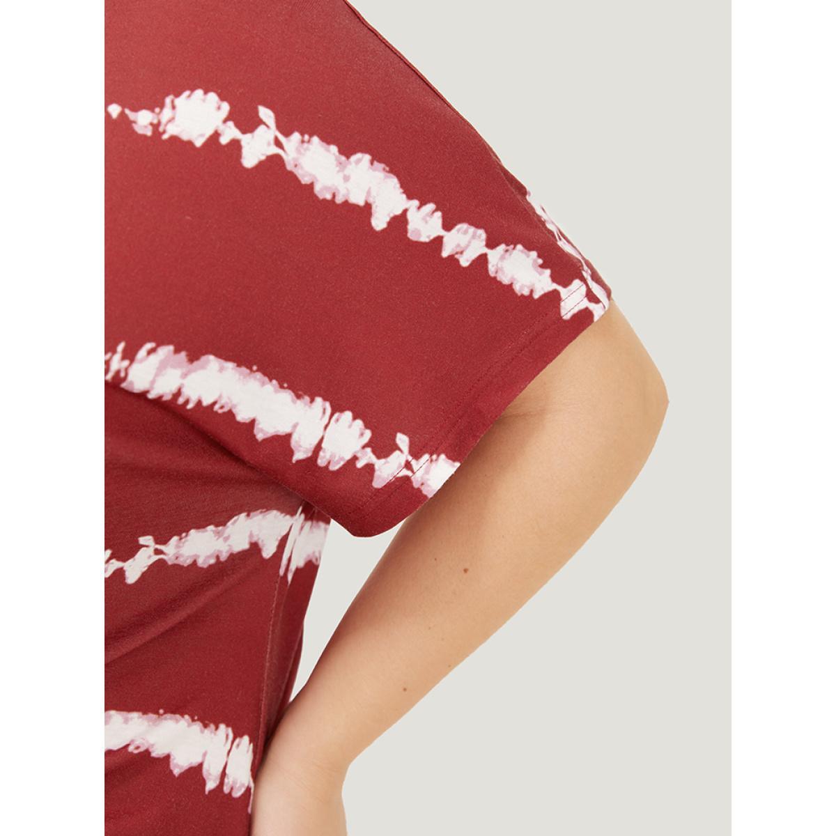 Plus Size Striped Print Batwing Sleeve Knot Front Tie Dye Dress Burgundy Women Casual Cross straps Round Neck Short sleeve Curvy Knee Dress BloomChic 10/M Product Image