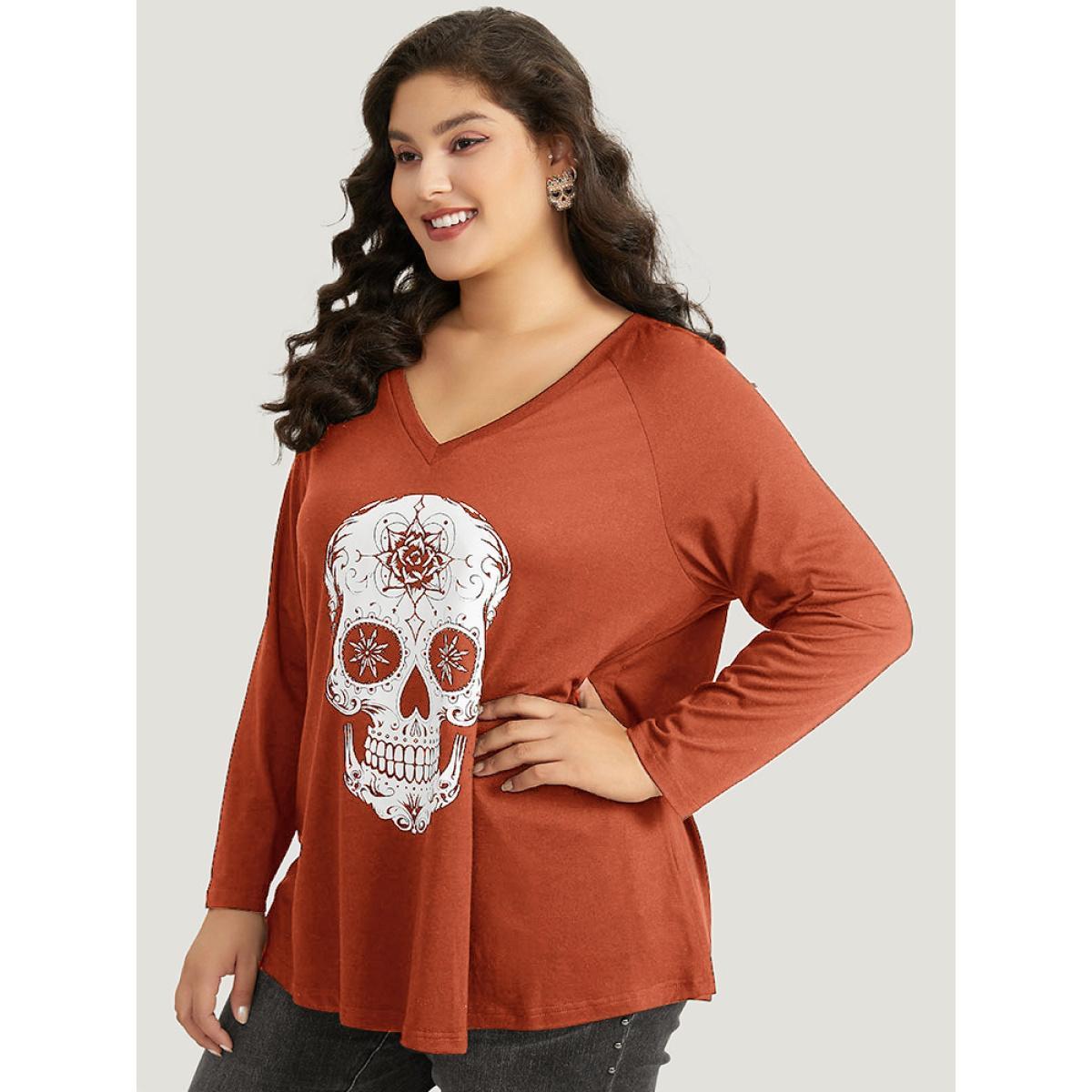 Plus Size Halloween Skull Print Long Sleeve T-shirt Chocolate Women Casual Printed Halloween Festival-Halloween T-shirts BloomChic 12/L Product Image
