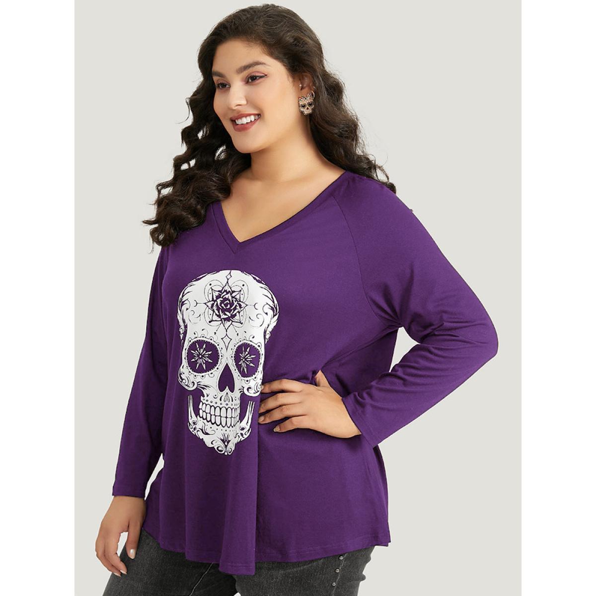 Plus Size Halloween Skull Print Long Sleeve T-shirt Purple Women Casual Printed Halloween Festival-Halloween T-shirts BloomChic 26/4X Product Image