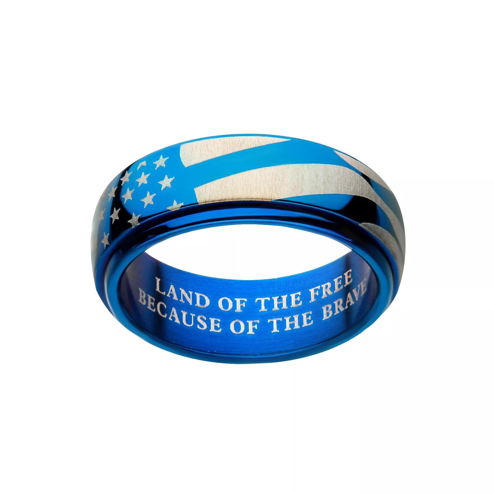 Men's Stainless Steel Blue Ion Plated Spinner American Flag Ring, Size: 12, Two Tone Product Image