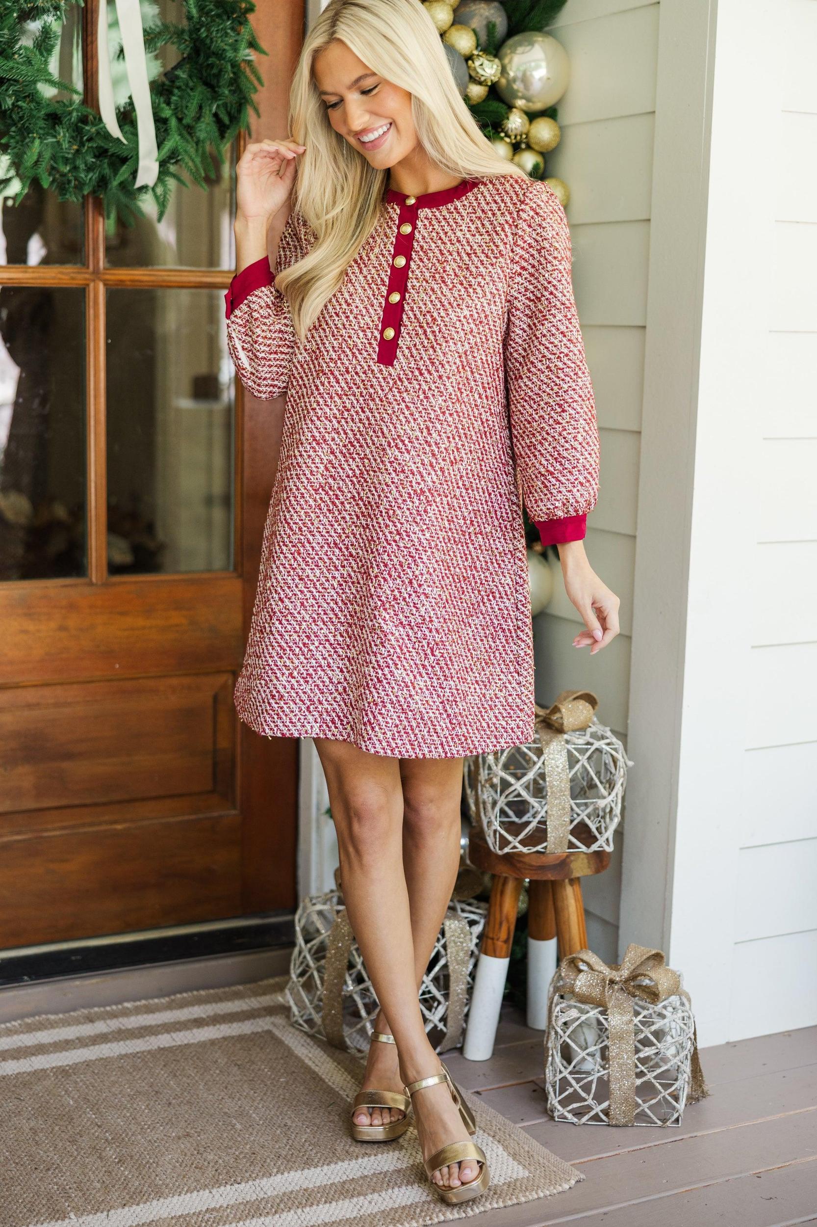 Feeling Like A Queen Burgundy Red Tweed Dress Female Product Image