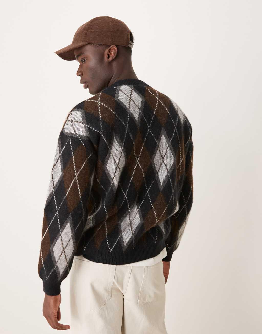 ASOS DESIGN relaxed fluffy knit crew neck sweater with argyle pattern in gray Product Image