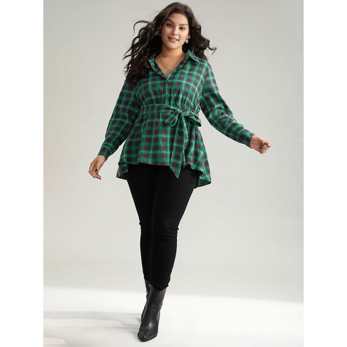 Plus Size Green Shirt Collar Plaid Belted High Low Hem Blouse Women Elegant Long Sleeve Shirt collar Festival-Christmas Blouses BloomChic 28/5X Product Image