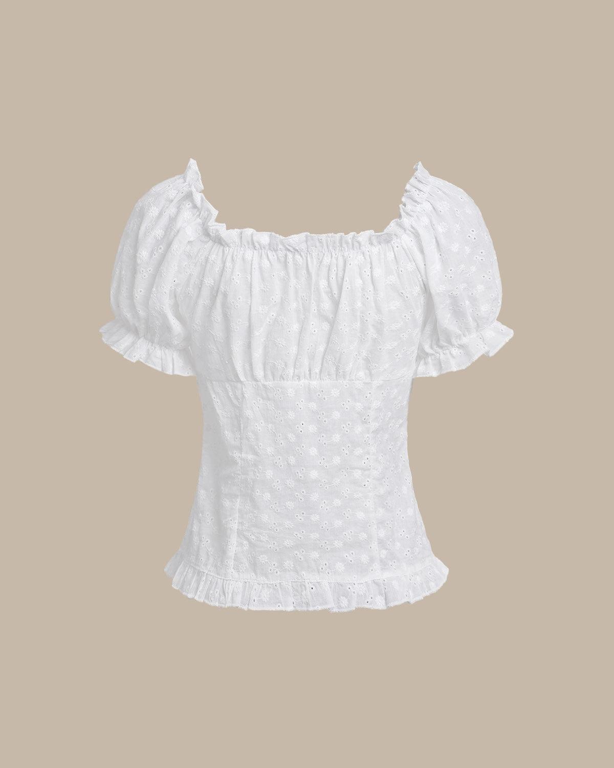White Sweetheart Neck Puffed Sleeve Blouse Product Image
