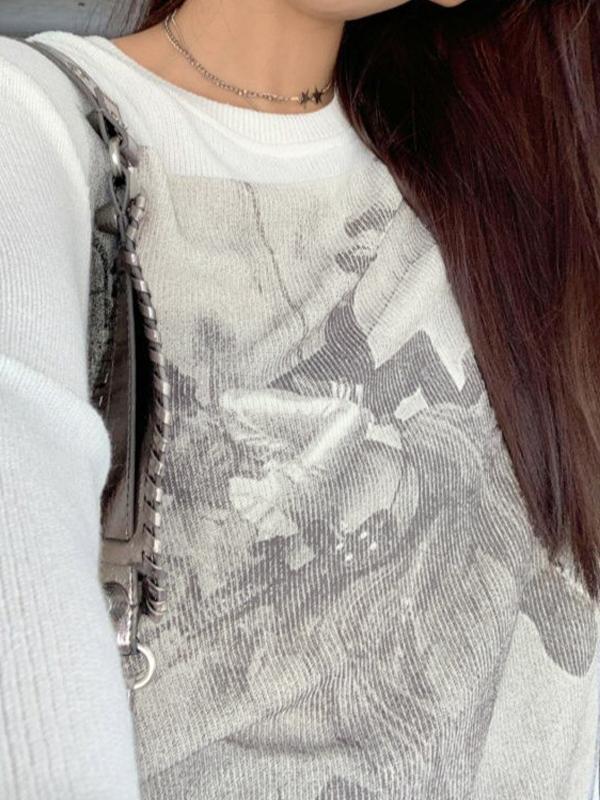 Vintage Print Ribbed Loose Long Sleeve Knit Product Image