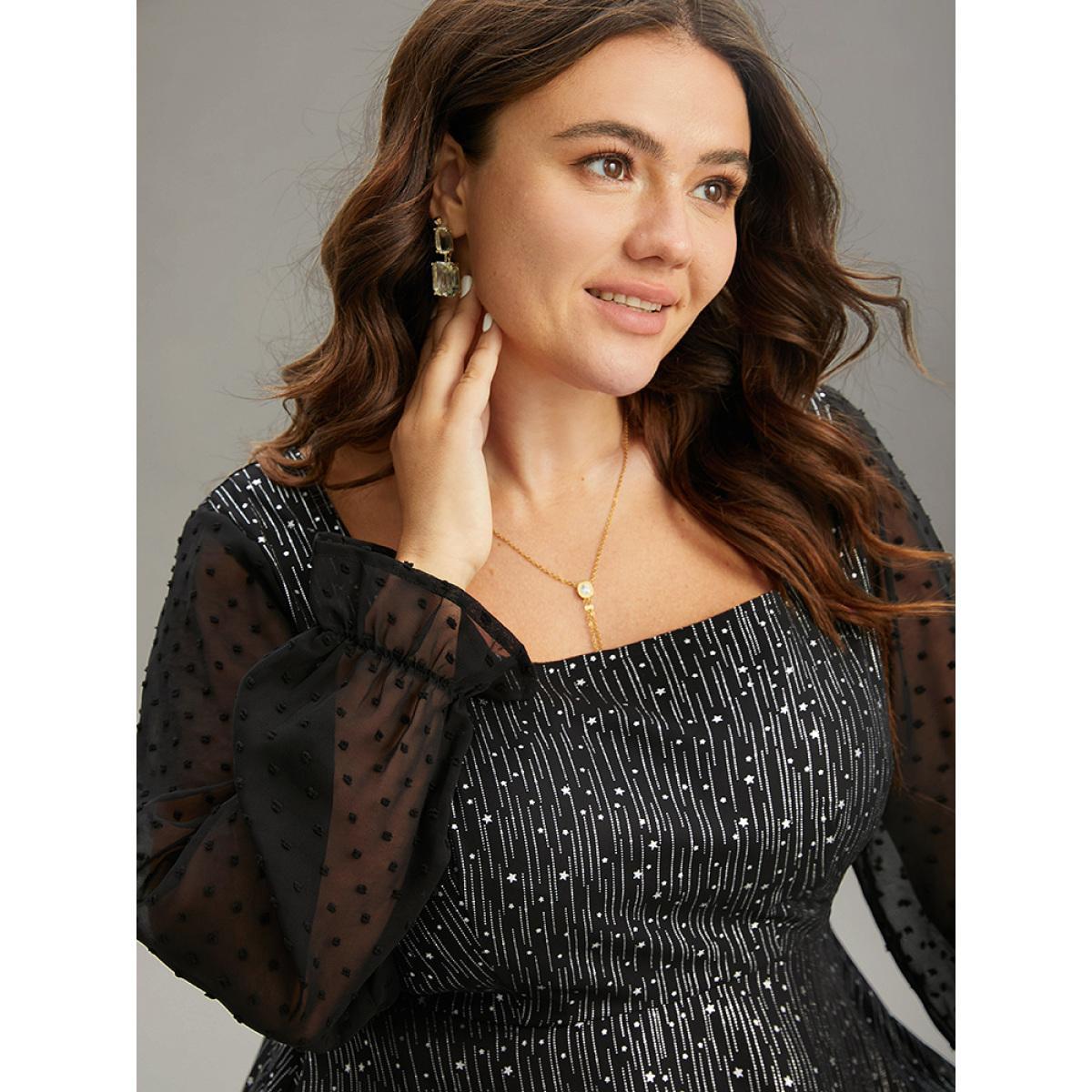 Plus Size Black Plain Textured Glitter Patchwork Square Neck Blouse Women Glamour Long Sleeve Square Neck Party Blouses BloomChic 14-16/1X Product Image