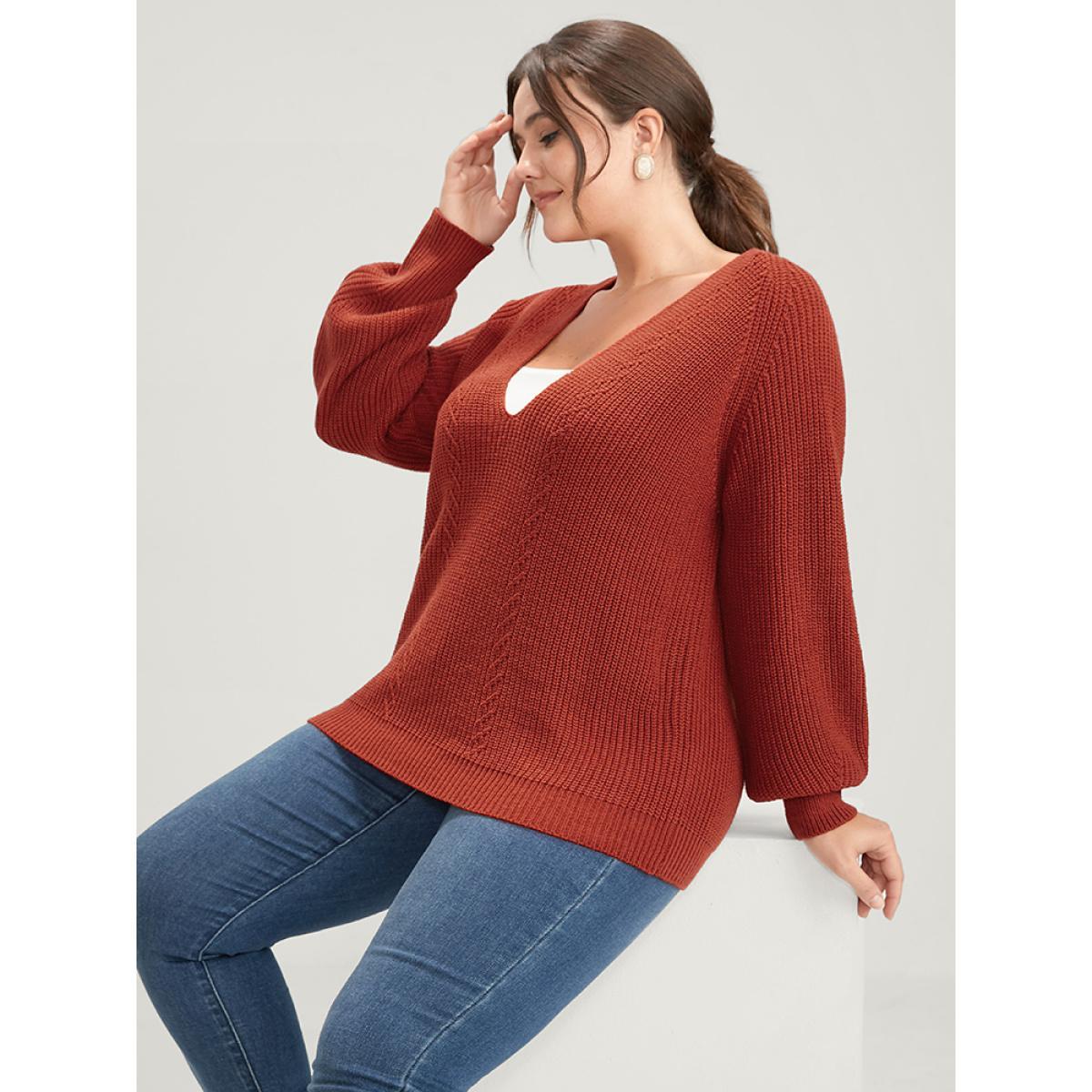 Plus Size Solid Pointelle Knit Deep V Neck Knit Top Coral Women Casual Long Sleeve Deep V-neck Dailywear Pullovers BloomChic 22-24/3X Product Image