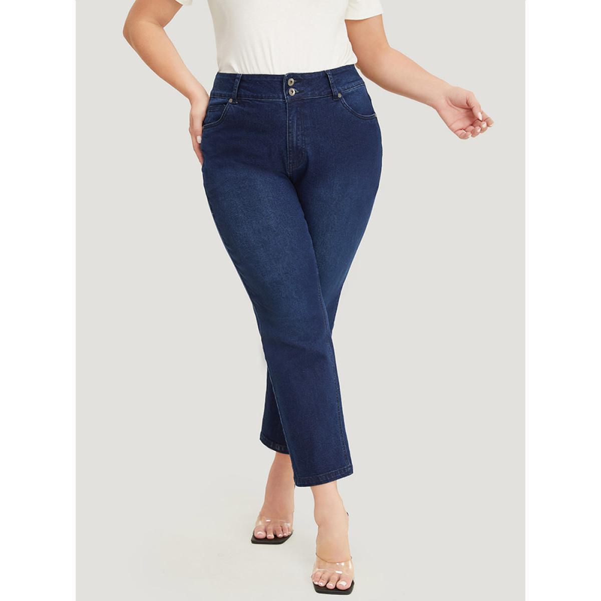 Plus Size Very Stretchy High Rise Dark Wash Embroidery Back Jeans Women DarkBlue Casual Plain Embroidered High stretch Jeans BloomChic 10/M Product Image