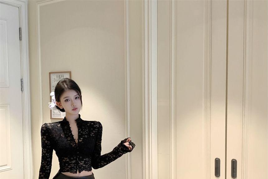 Long-Sleeve Stand Collar Button Lace Crop Slim Fit Top Product Image