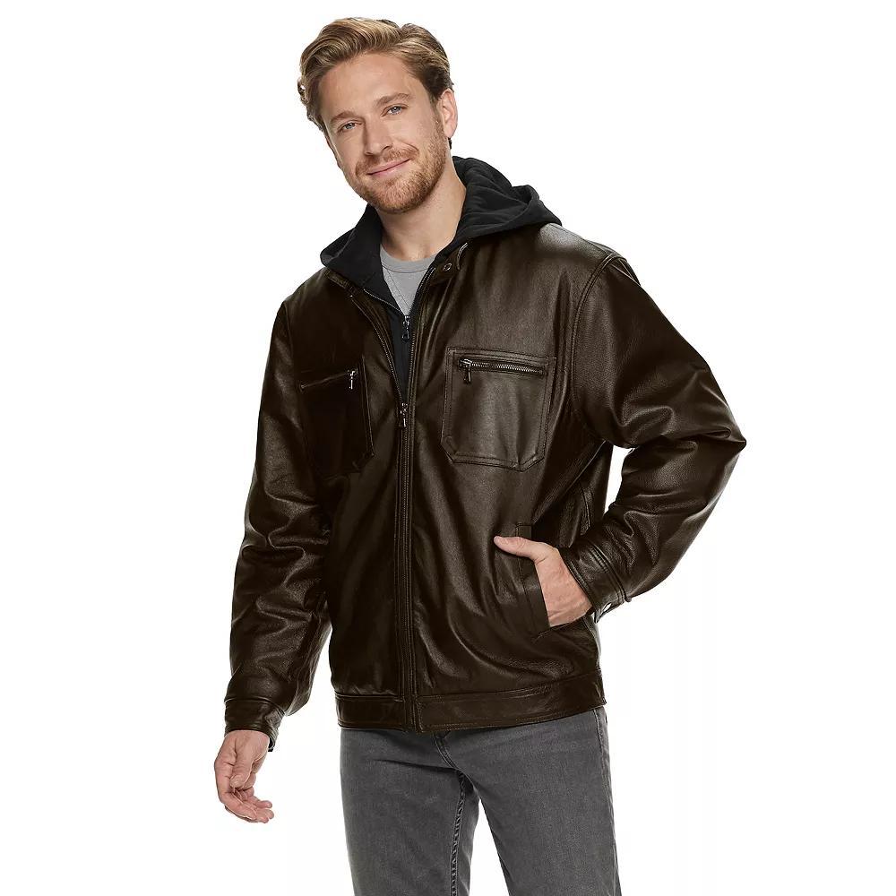 Men's Vintage Leather Hooded Jacket, Size: Large, Brown Product Image
