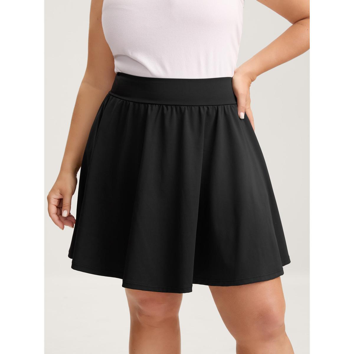 Plus Size Wide Stretchy Waist Flared Midi Skirt Women Black Loose Medium stretch Side seam pocket Everyday-Casual Skirts BloomChic 14-16/1X Product Image