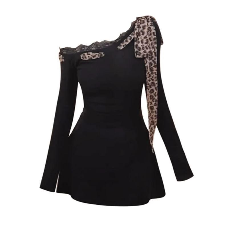 Long Sleeve One Shoulder Leopard Print Bow Panel Lace Mini A-Line Dress Product Image