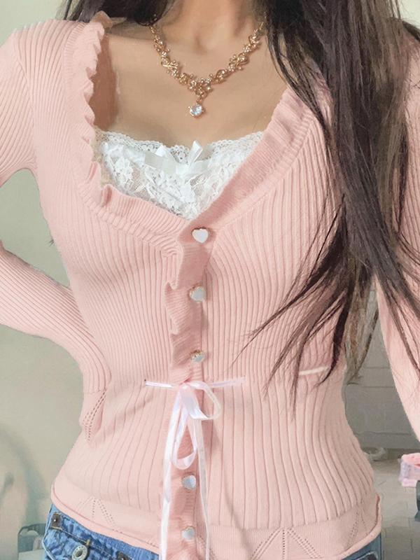 Lace Splice Tie Up Fake Two Piece Long Sleeve Knit Product Image
