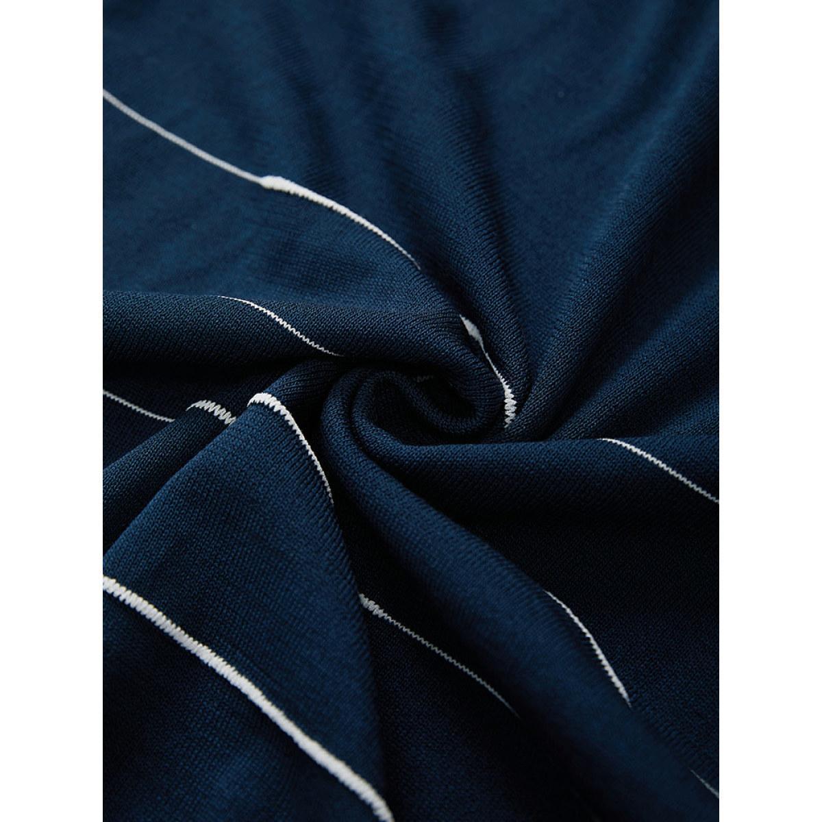 Plus Size Striped Metal Button Detail Elastic Cuffs Pullover Navy Women Casual Loose Long Sleeve Round Neck Everyday Pullovers BloomChic 10/M Product Image
