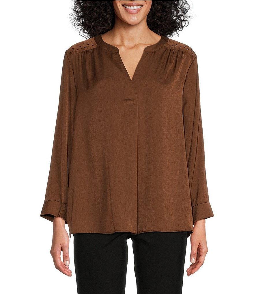 Investments Woven Inverted Pleat V-Neck 3/4 Sleeve Embellished Top Product Image