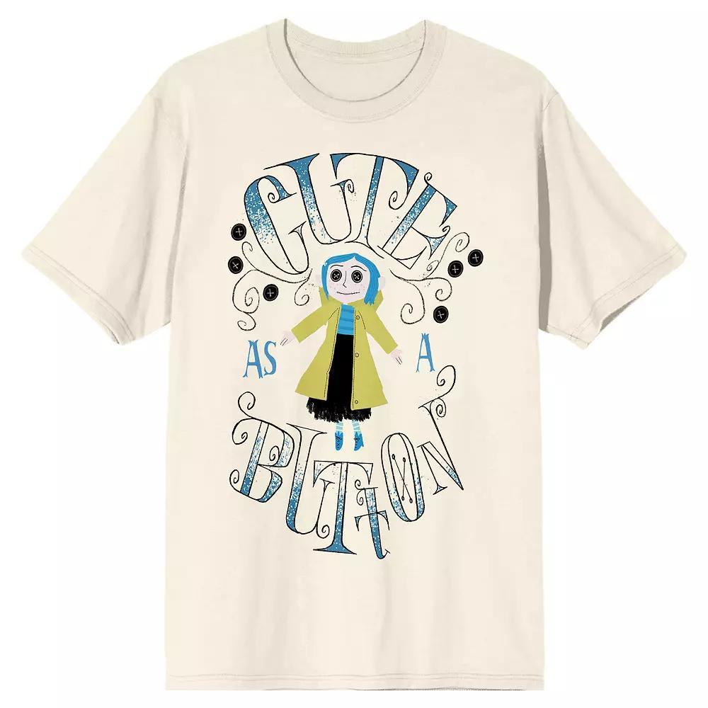 Men's Coraline Cute Button Short Sleeve Graphic Tee, Size: Small, Beig Green Product Image