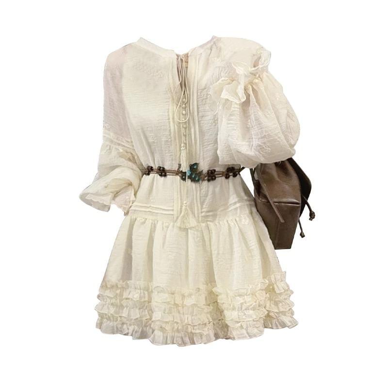 Long Sleeve Round Neck Plain Frill Pintuck Tie Front Mini A-Line Dress Product Image