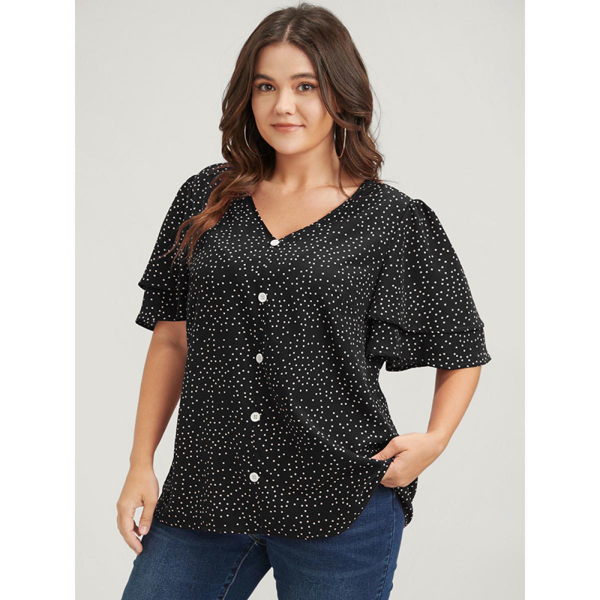 Plus Size Black Polka Dot Ruffle Sleeve Button Front Blouse Women Elegant Short sleeve V-neck Dailywear Blouses BloomChic 12/L Product Image