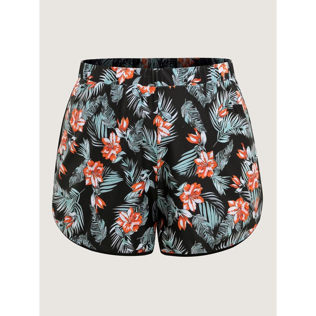 Plus Size Tropical Print Arc Hem Swim Bottoms Women's Swimwear BlackFlower Beach High stretch Skinny High Rise Curve Swim Bottoms BloomChic 10/M Product Image