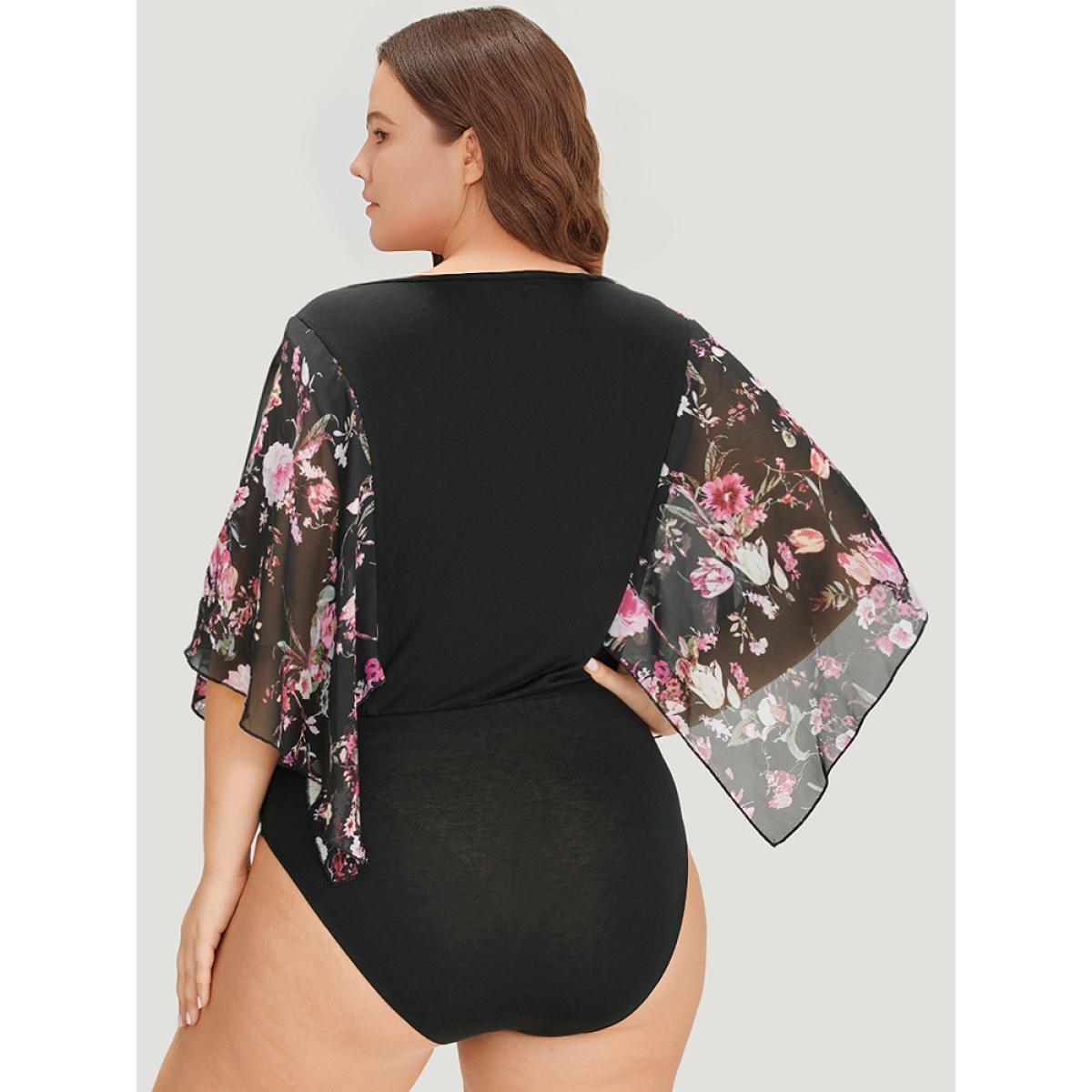 Plus Size Floral Print Patchwork Mesh Asymmetrical Sleeve Bodysuit Women Black Ditsy Floral Printed Bodysuits BloomChic 18-20/2X Product Image