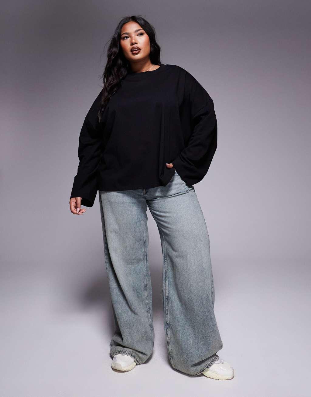 ASOS DESIGN Curve long sleeve t-shirt with knot back detail in black Product Image