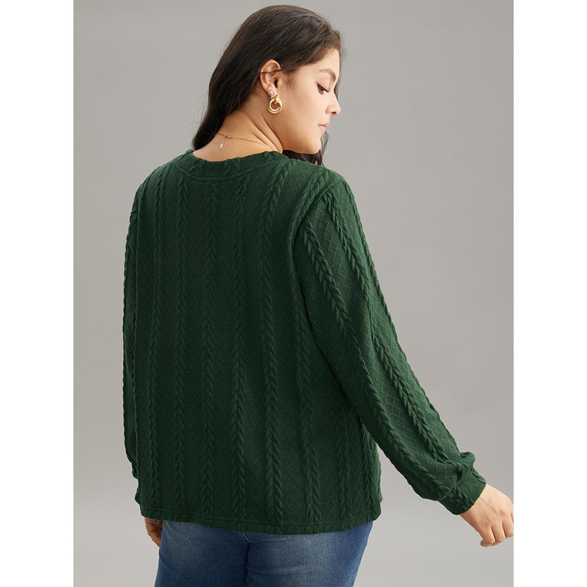 Plus Size Plisse Solid Button Detail Sweatshirt Women DarkGreen Elegant Texture V-neck Everyday Sweatshirts BloomChic 18-20/2X Product Image