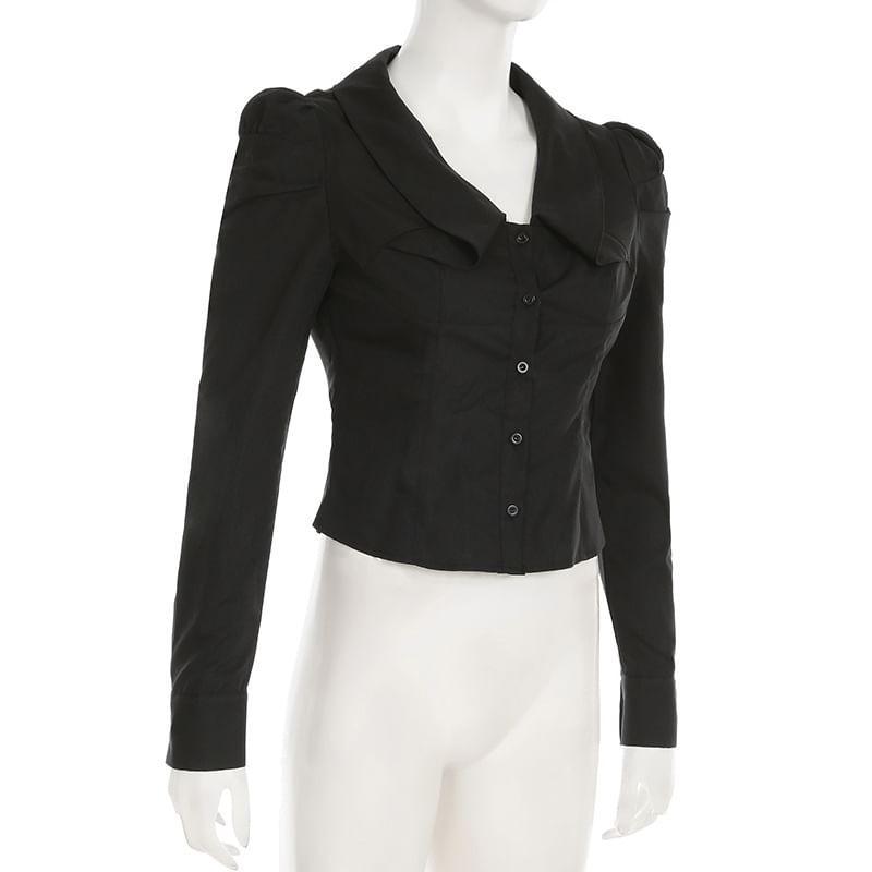 Long Sleeve Collared V-Neck Plain Crop Shirt Product Image