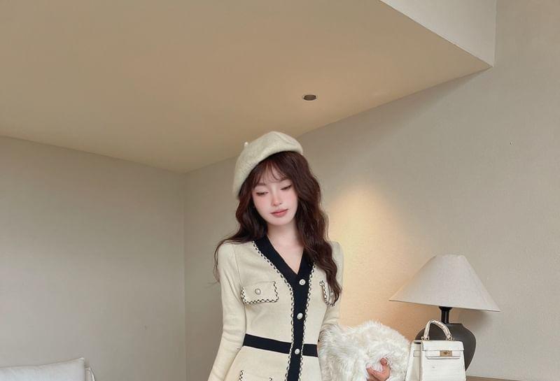 Long-Sleeve V-Neck Contrast Trim Button Sheath Knit Dress Product Image
