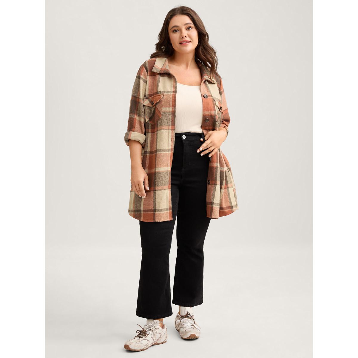 Plus Size Plaid Chest Pockets Long Jacket Women Rust Button Loose Side seam pocket Everyday Jackets BloomChic 12/L Product Image
