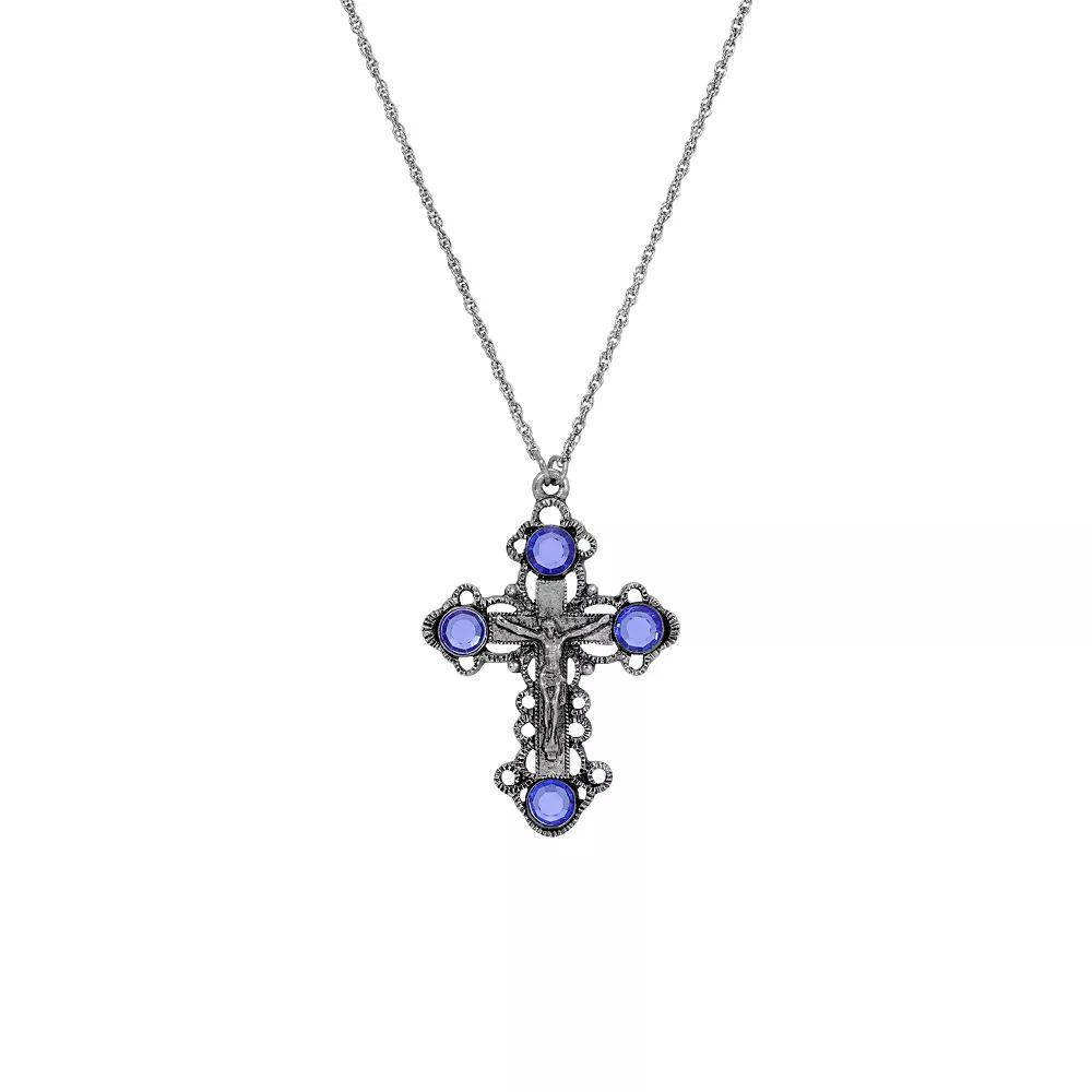 Symbols of Faith Silver Tone Blue Crystal Cross Necklace 18, Womens Product Image
