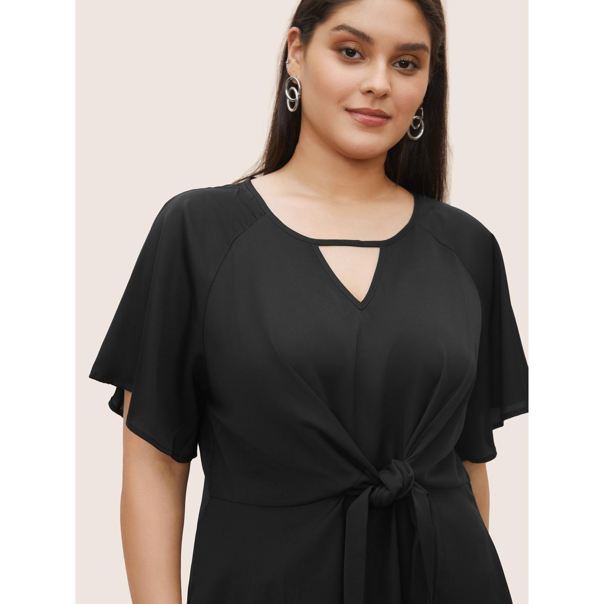 Plus Size Black Plain Keyhole Knotted Front Ruffle Sleeve Blouse Women Work From Home Short sleeve Round Neck Work Blouses BloomChic 10/M Product Image