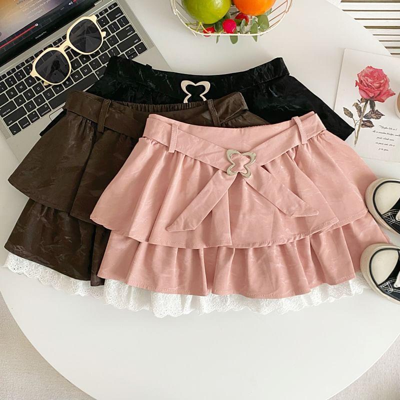 High Waist Lace Panel Butterfly Buckled Layered Mini A-Line Skirt Product Image