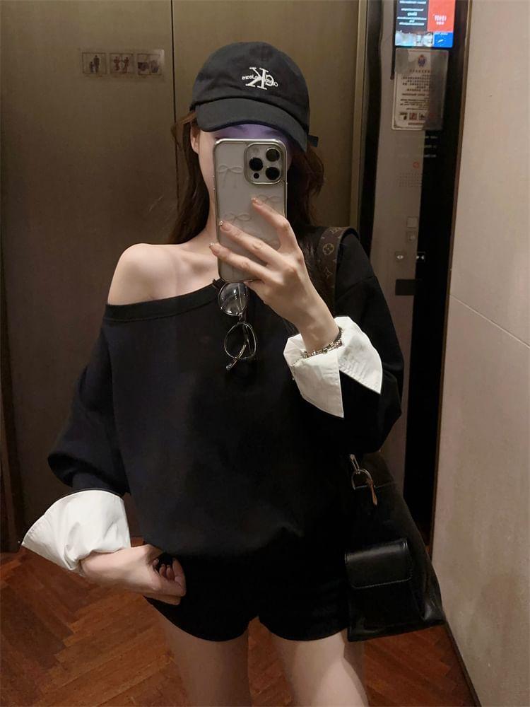 Panel Cuff One Shoulder Sweatshirt Product Image