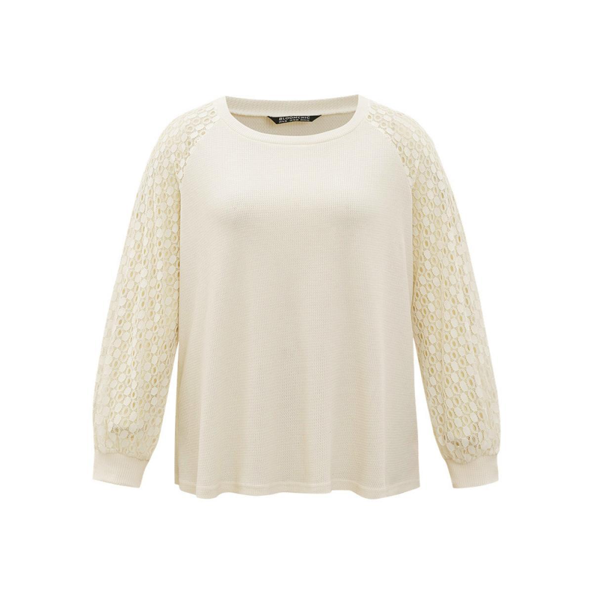Plus Size Lace Panel Raglan Sleeve Waffle Knit Sweatshirt Women Ivory Elegant Patchwork Round Neck Dailywear Sweatshirts BloomChic 26/4X Product Image