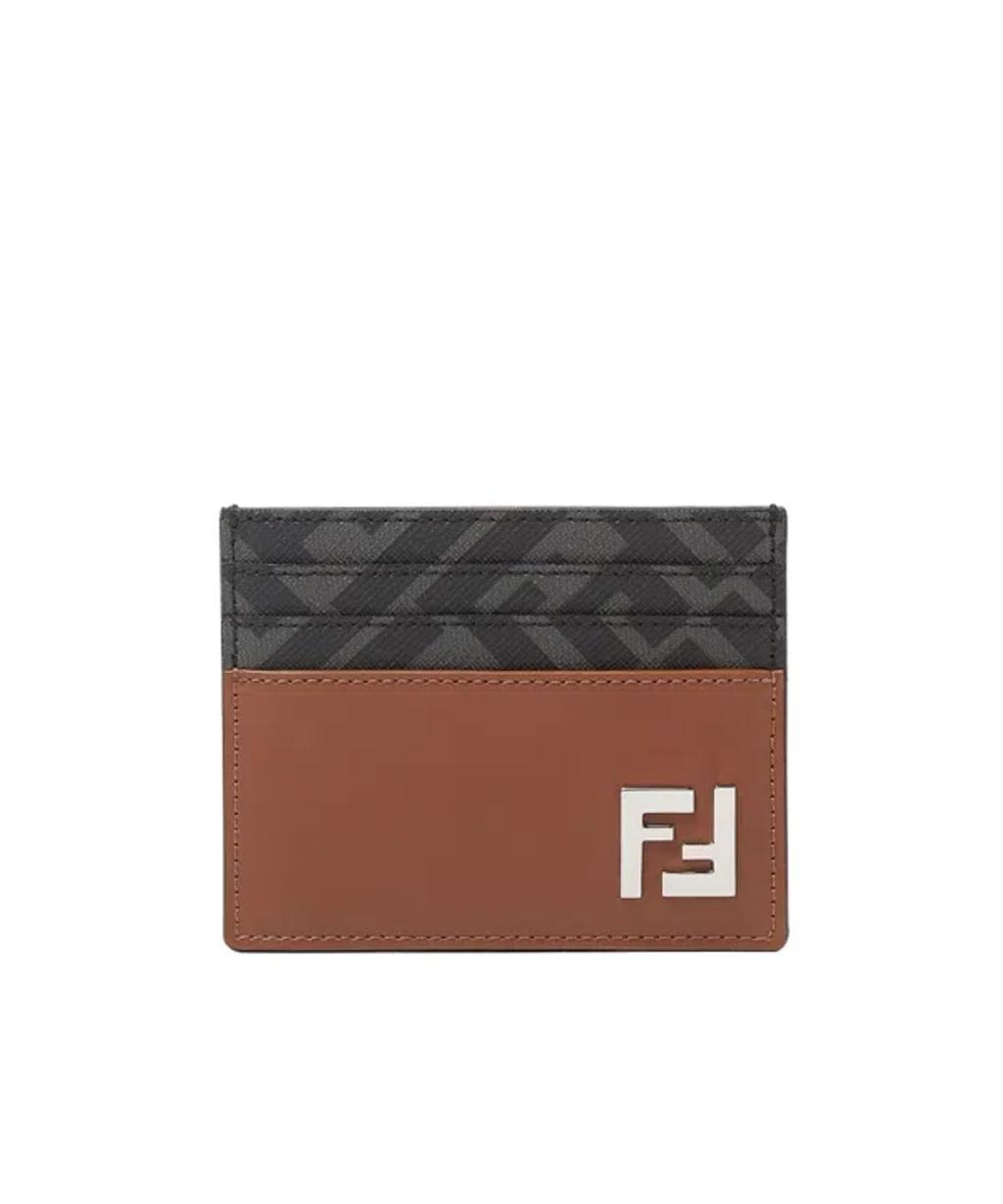 FENDI Leather And Ff Canvas Squared Card Holder In Brown Product Image