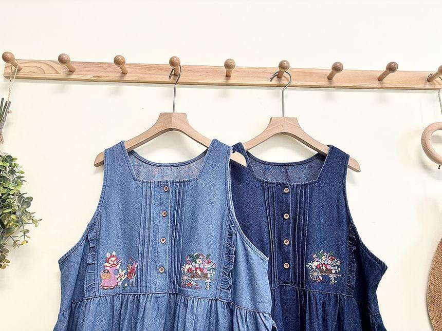 Square Neck Rabbit Embroidered Frill Trim Washed Denim Maxi Jumper Dress Product Image