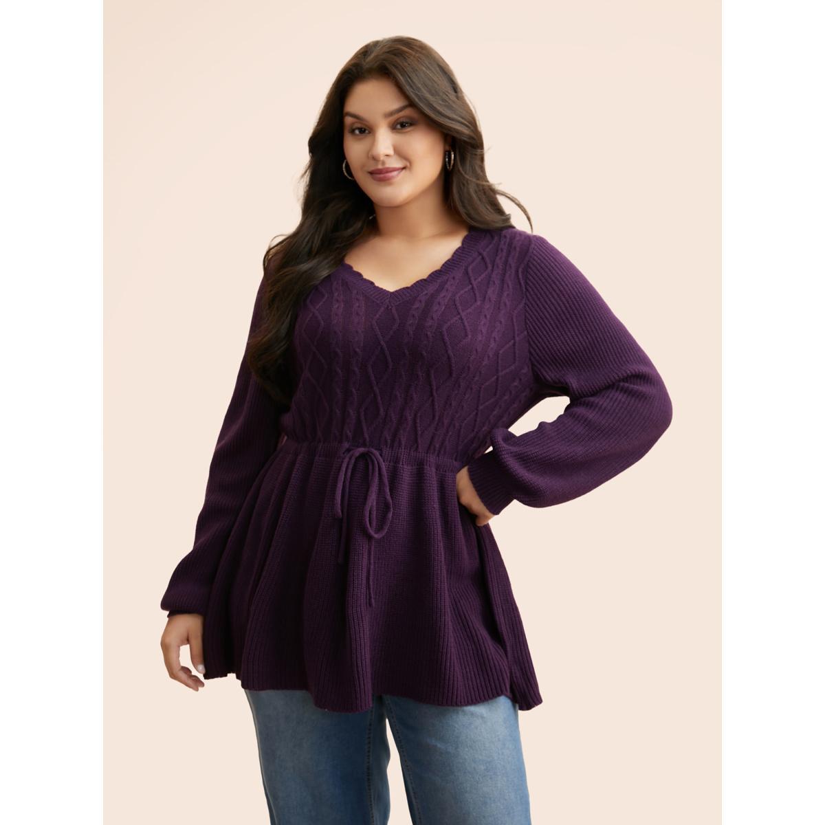 Plus Size V Neck Cable Knit Drawstring Pullover Black Women Casual Long Sleeve V-neck Everyday Pullovers BloomChic 18-20/2X Product Image
