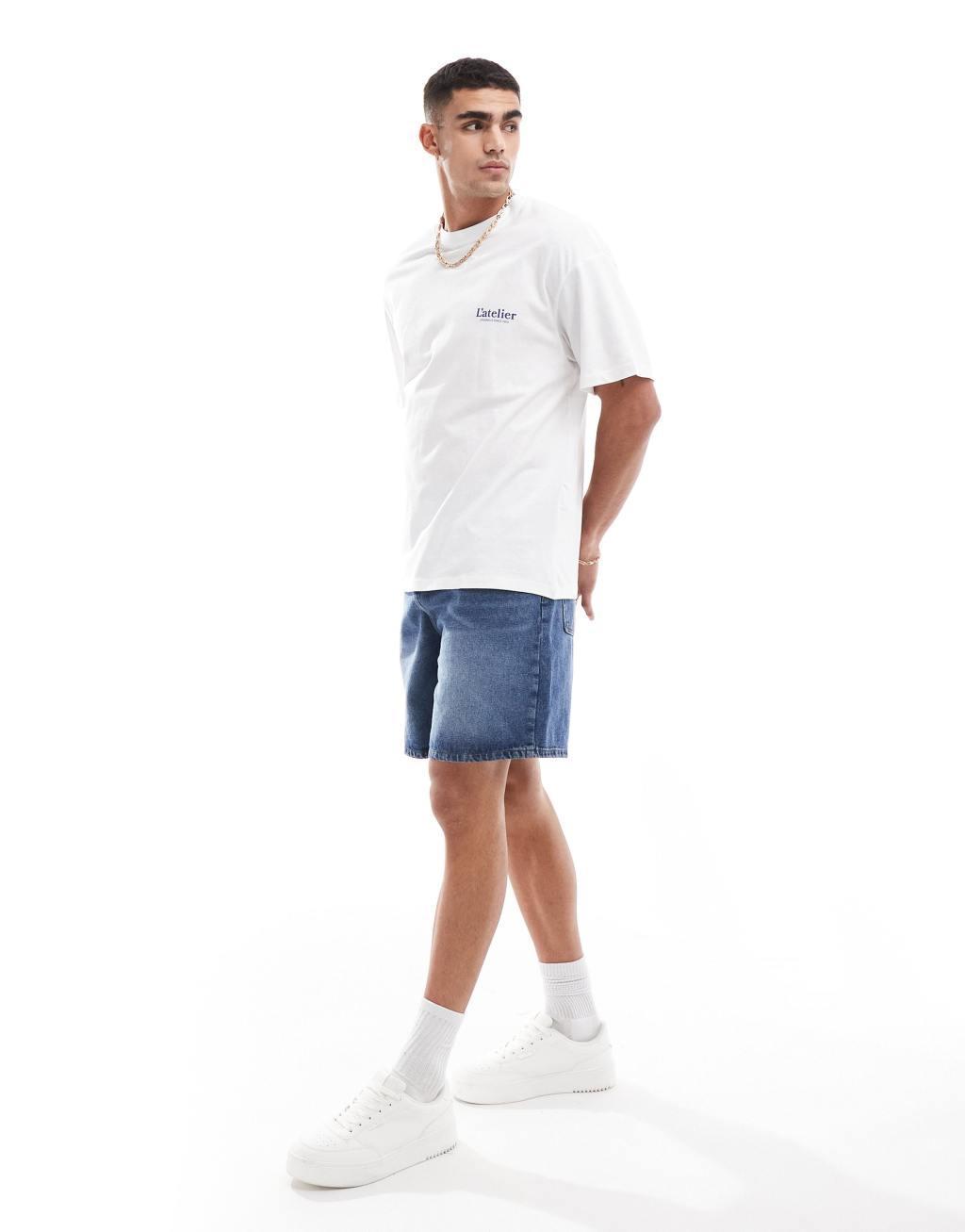 Jack & Jones oversized T-shirt with blue L'atelier art back print in white Product Image