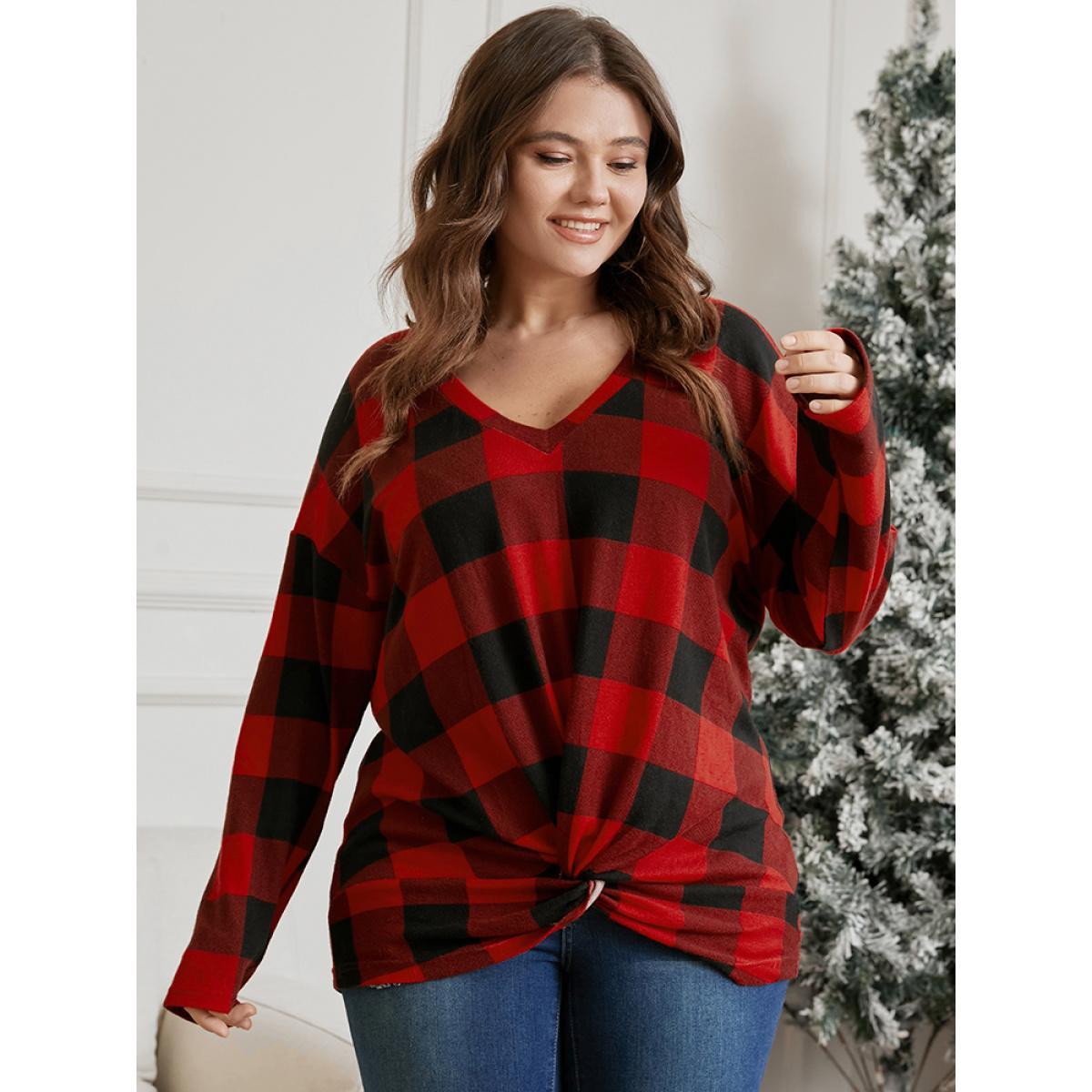 Plus Size Plaid Twist Front Long Tee Raspberry Women Elegant Twist-front Plaid V-neck Dailywear T-shirts BloomChic 28/5X Product Image