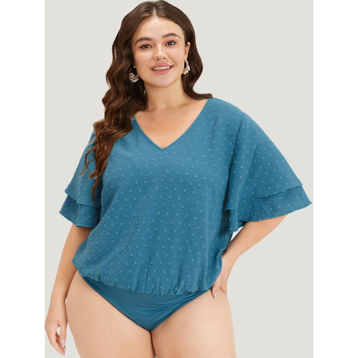 Plus Size Polka Dot V Neck Ruffle Layered Sleeve Bodysuit Women Cerulean Plain Elastic Waist Bodysuits BloomChic 14-16/1X Product Image