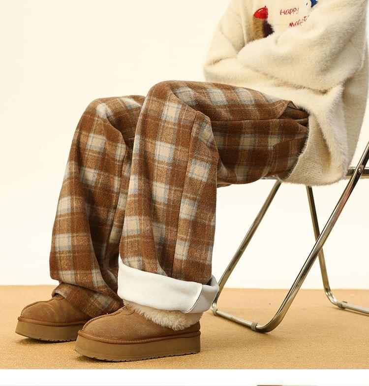 Mid Waist Plaid Straight Leg Pants Product Image