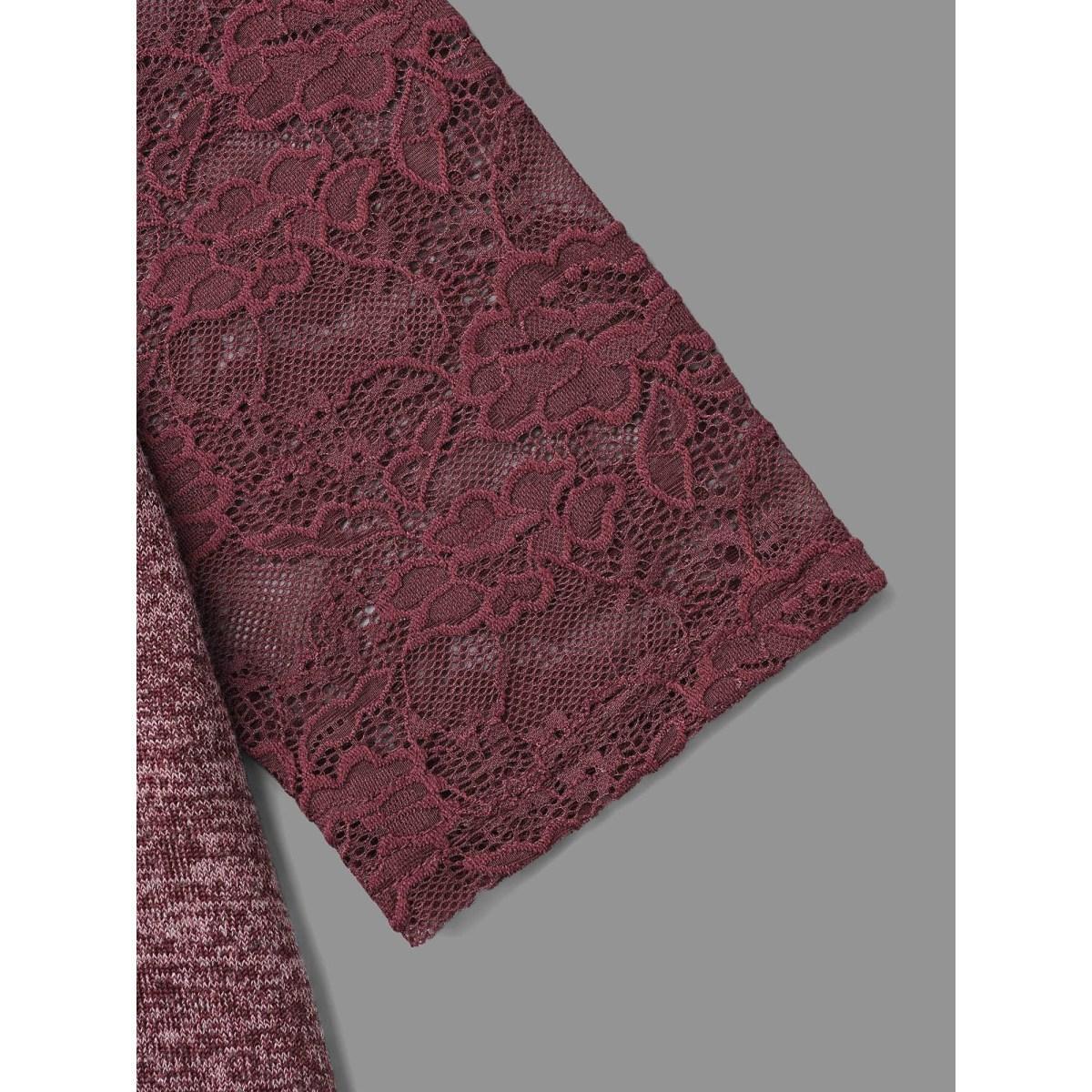 Plus Size Heather Lace Patchwork Mesh Midi Dress Burgundy Women Elegant Woven ribbon&lace trim Round Neck Elbow-length sleeve Curvy BloomChic 10/M Product Image