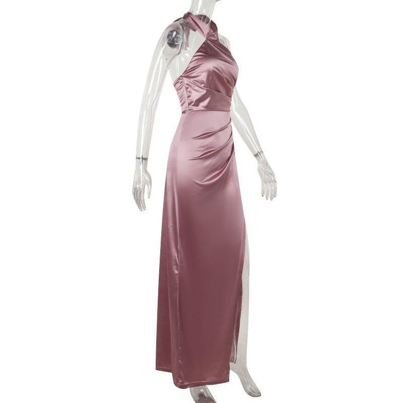 Sleeveless Halter Neck Plain Slit Bodycon Maxi Dress Product Image