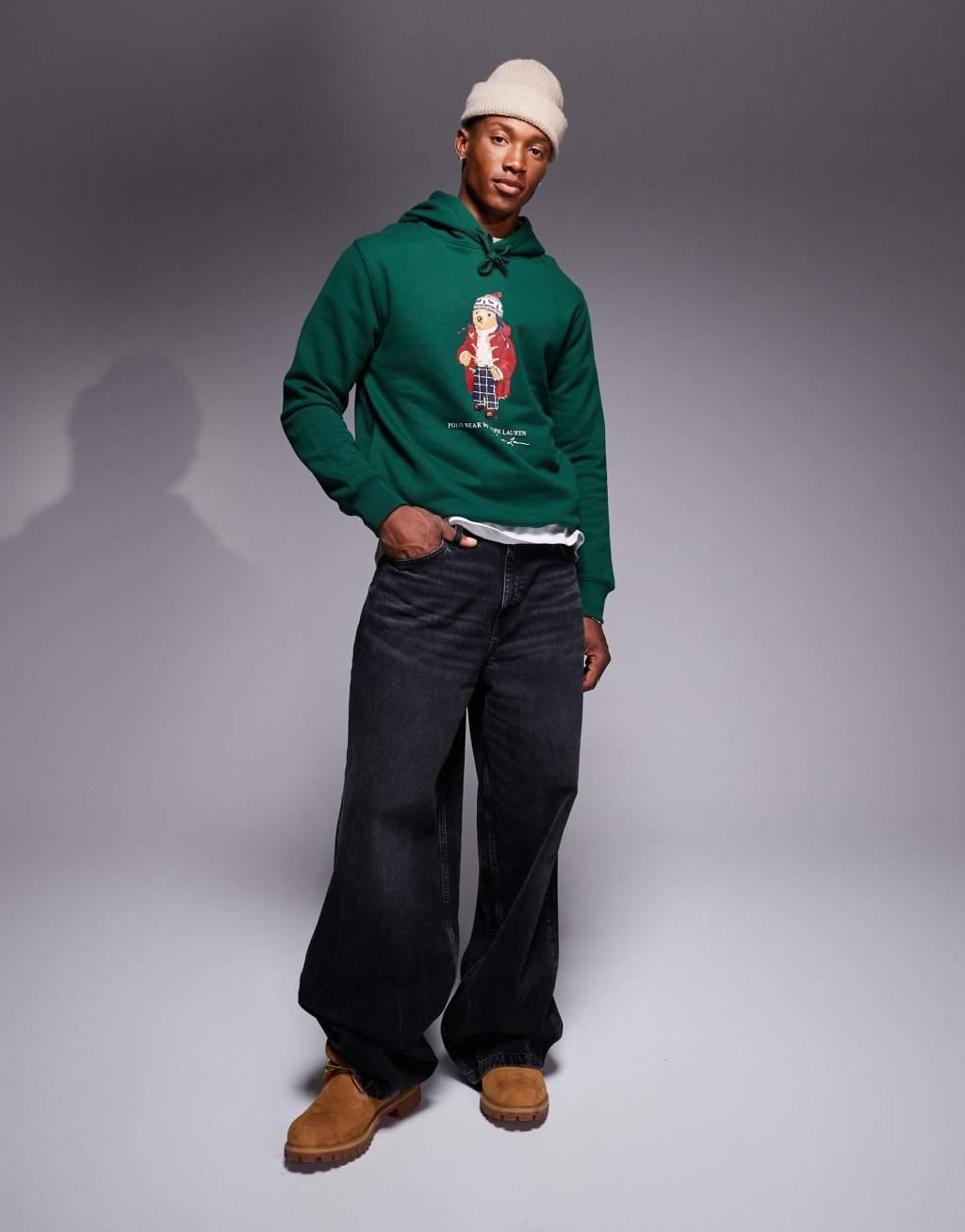 Polo Ralph Lauren holiday bear print fleece hoodie in dark green Product Image