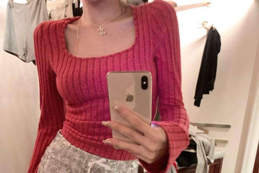 Long Sleeve Scoop Neck Plain Ribbed Top Product Image