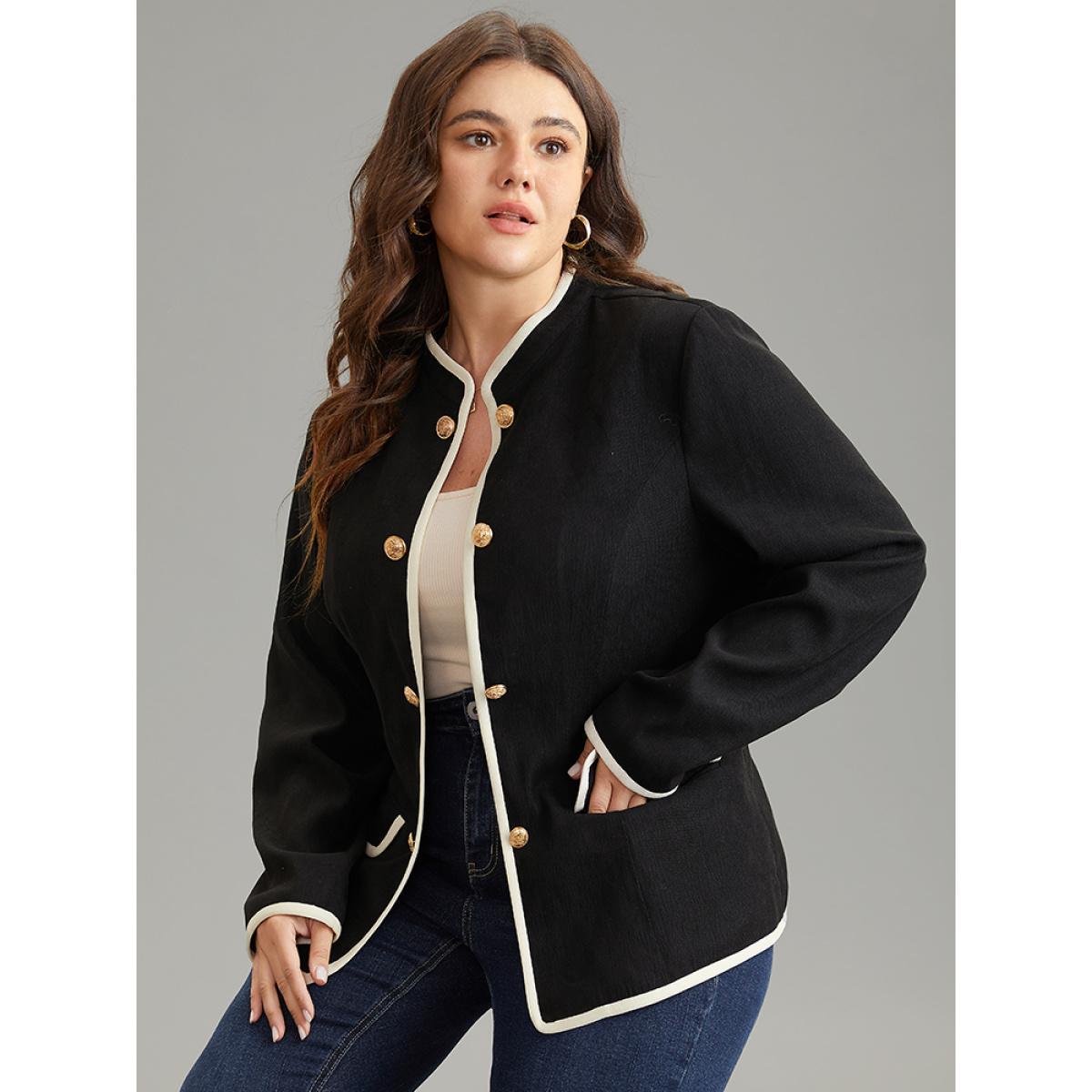 Plus Size Corduroy Metal Detail Contrast Trim Flap Pocket Blazer Women Black Office Lined Ladies Work Winter Coats BloomChic 18-20/2X Product Image